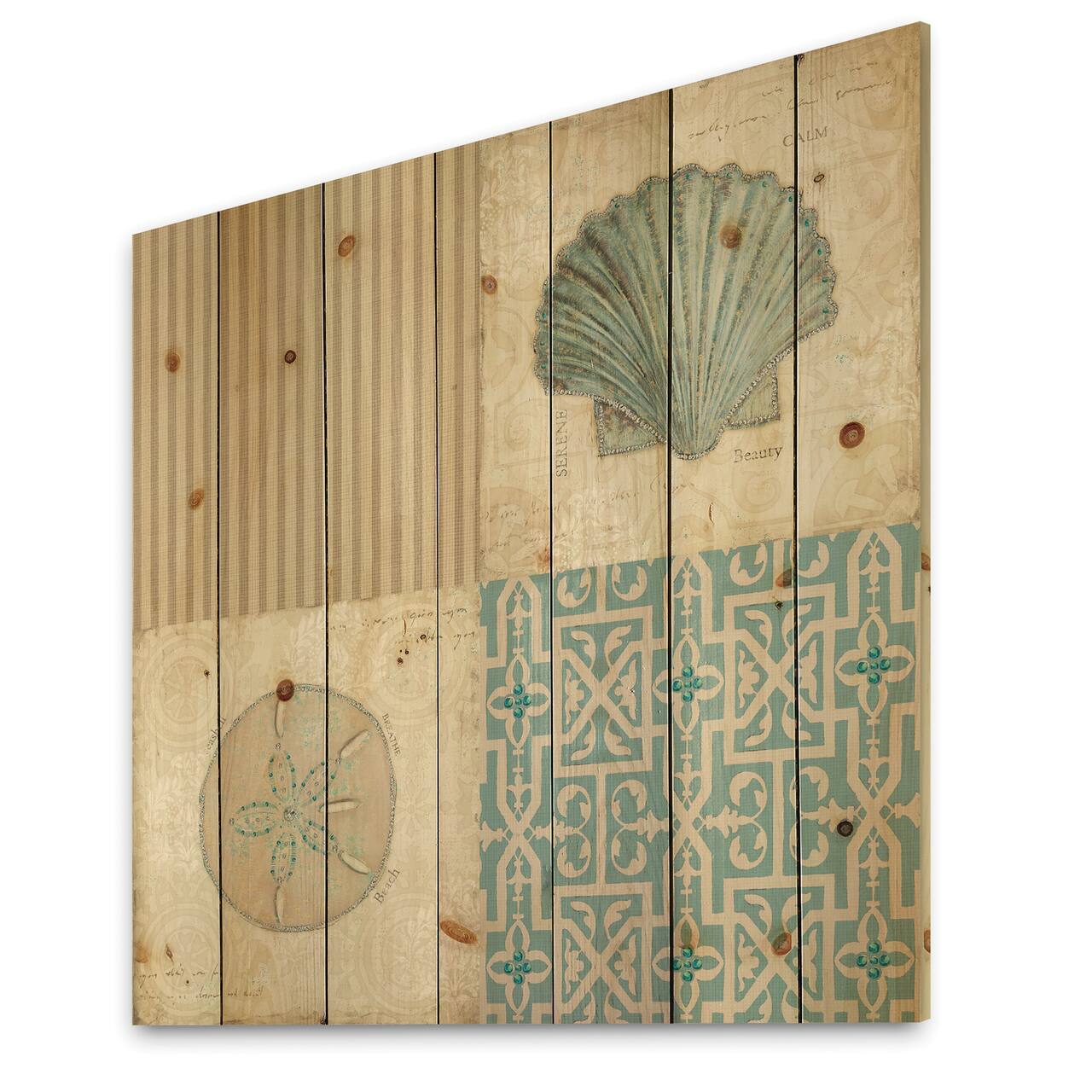 Designart - Beach Treasures Collage I - Traditional Bathroom Print on Natural Pine Wood
